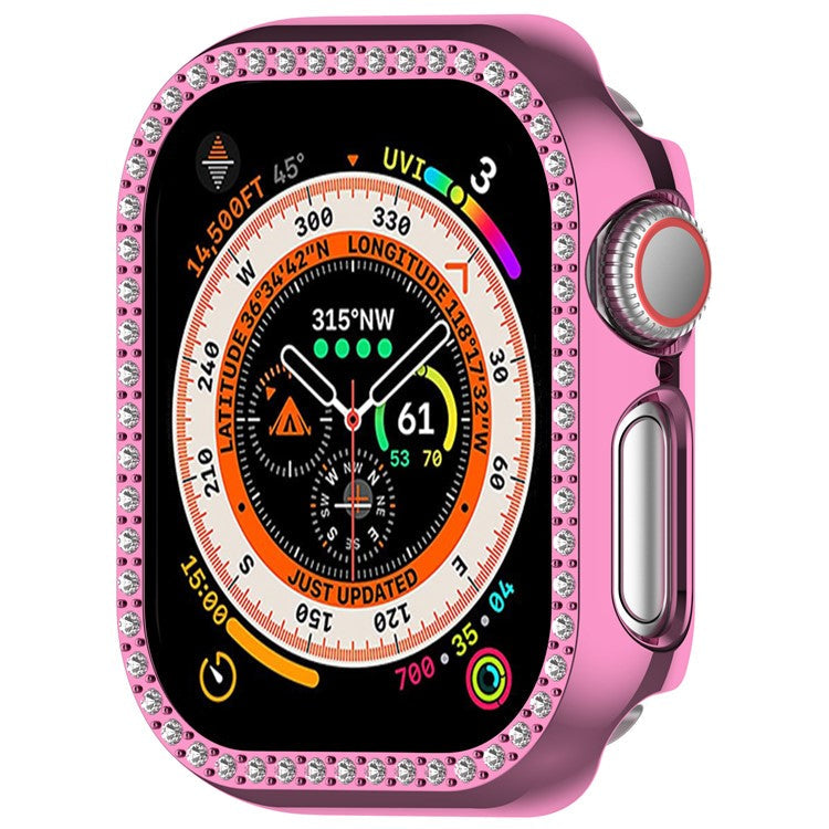 For Apple Watch Series 10 42mm Single Row Rhinestone Decor Hollow-Out Cover PC Watch Frame Case - Pink