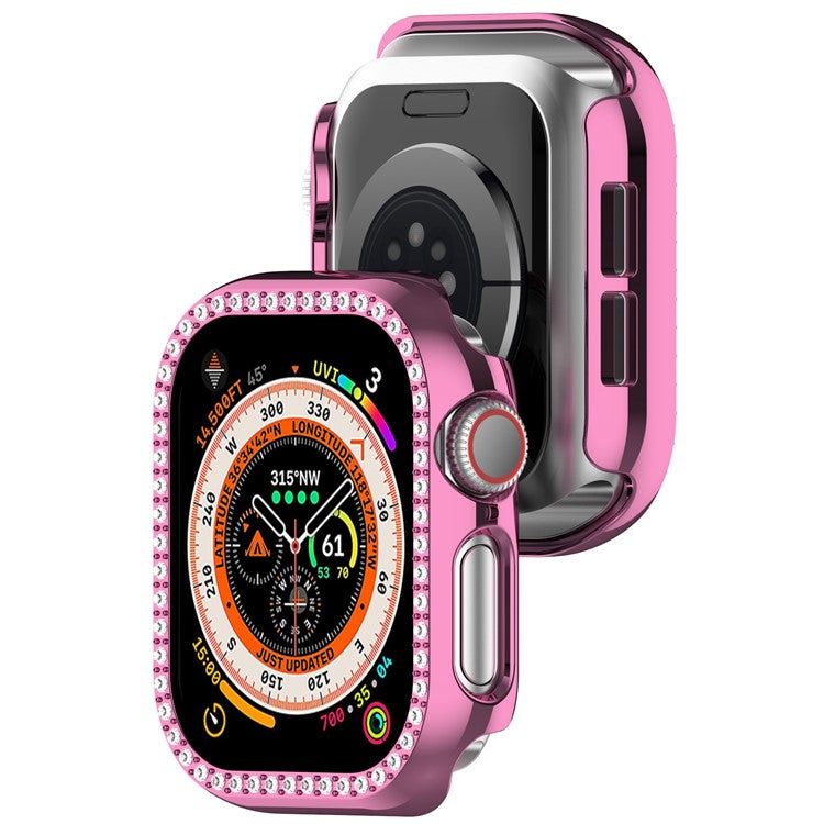 For Apple Watch Series 10 42mm Single Row Rhinestone Decor Hollow-Out Cover PC Watch Frame Case - Pink