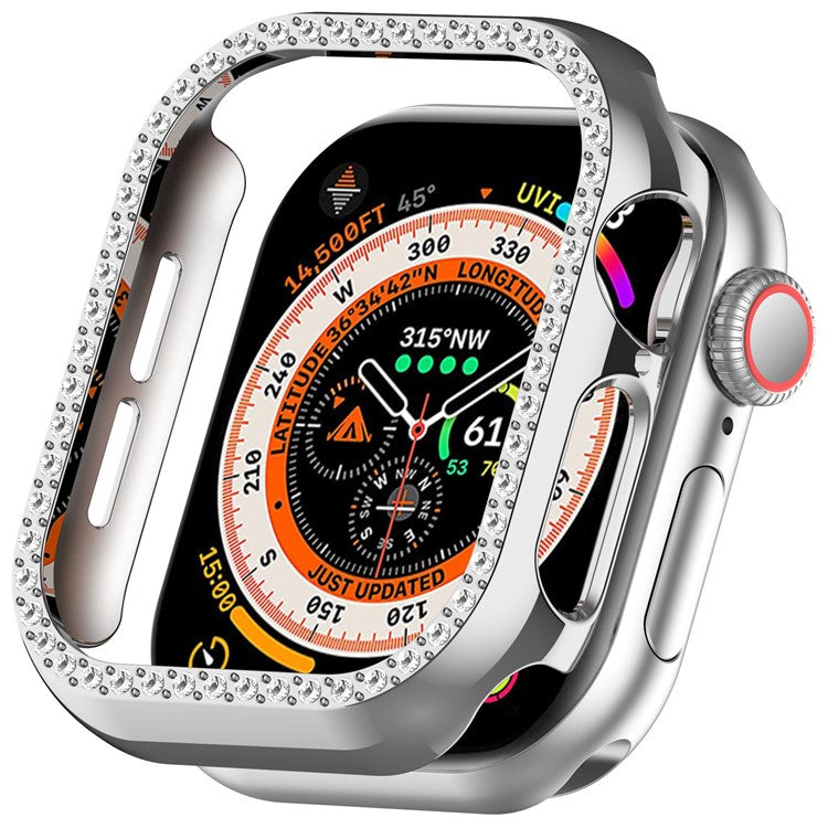 For Apple Watch Series 10 42mm Single Row Rhinestone Decor Hollow-Out Cover PC Watch Frame Case - Silver