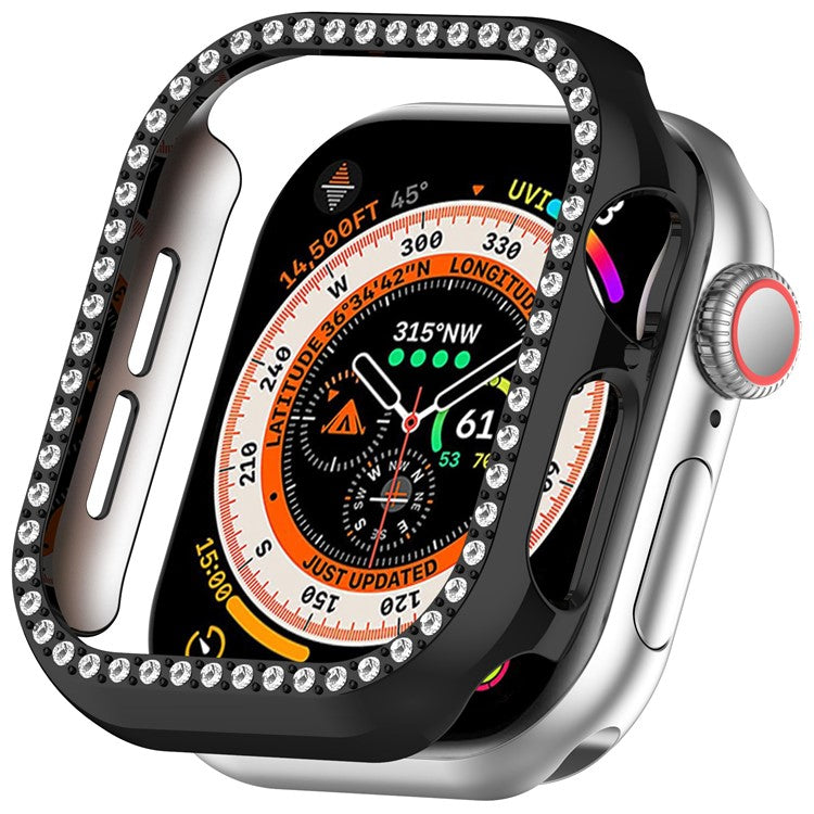 For Apple Watch Series 10 46mm Single Row Rhinestone Decor Hollow-Out Cover PC Watch Frame Case - Black