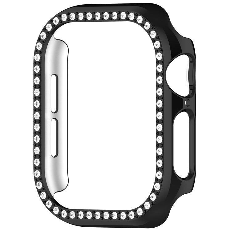 For Apple Watch Series 10 46mm Single Row Rhinestone Decor Hollow-Out Cover PC Watch Frame Case - Black