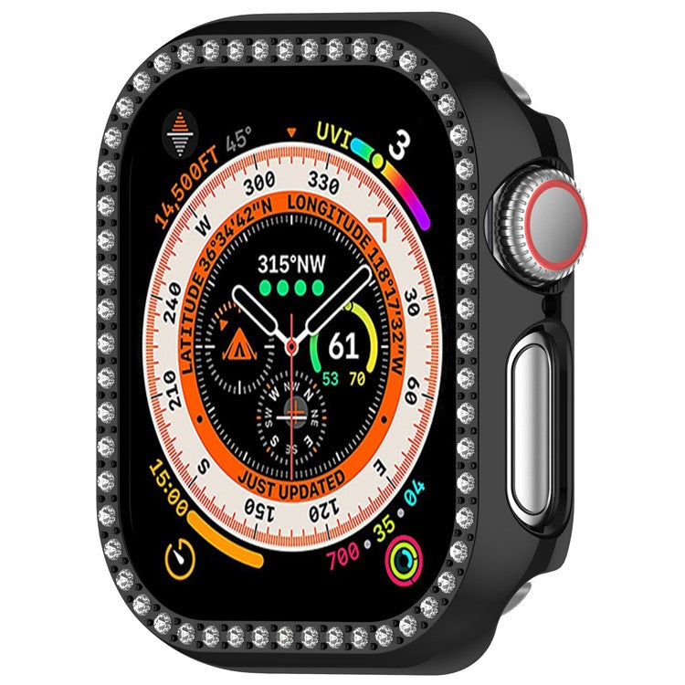For Apple Watch Series 10 46mm Single Row Rhinestone Decor Hollow-Out Cover PC Watch Frame Case - Black
