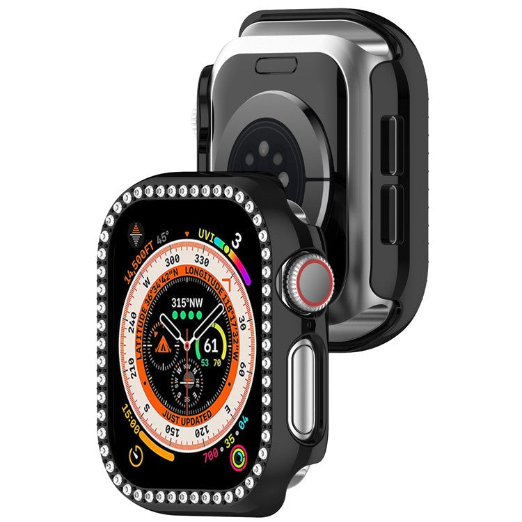 For Apple Watch Series 10 46mm Single Row Rhinestone Decor Hollow-Out Cover PC Watch Frame Case - Black