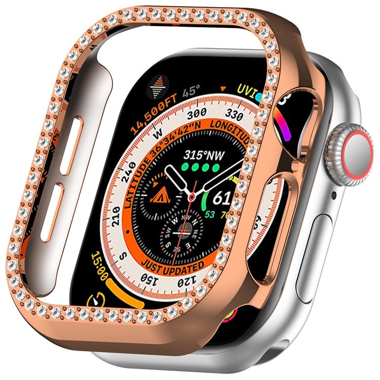 For Apple Watch Series 10 46mm Single Row Rhinestone Decor Hollow-Out Cover PC Watch Frame Case - Rose Gold