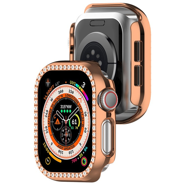 For Apple Watch Series 10 46mm Single Row Rhinestone Decor Hollow-Out Cover PC Watch Frame Case - Rose Gold