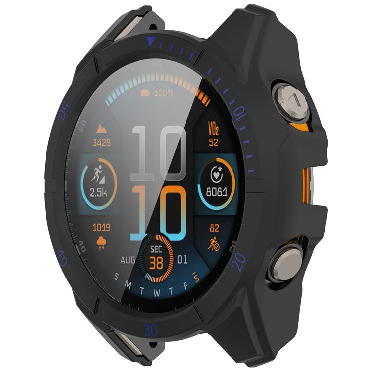 For Garmin Fenix 8 47mm Watch Case PC Frame Cover with Tempered Glass Screen Film - Black+Blue