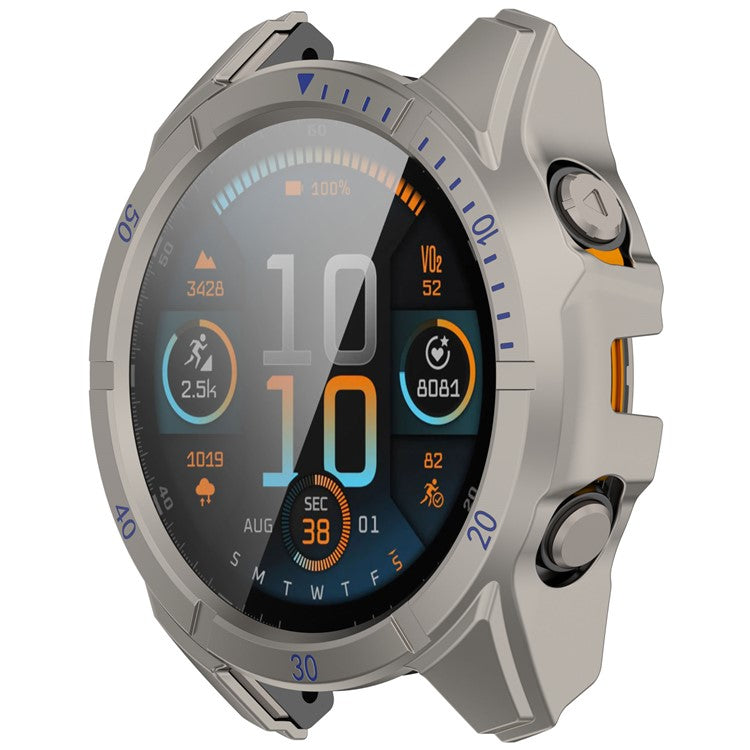 For Garmin Fenix 8 MIP Solar 51mm Case Scale Design Hard PC All Around Watch Cover with Tempered Glass Film - Titanium+Blue