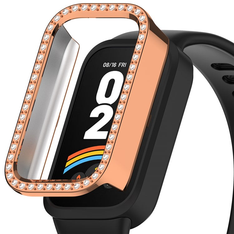 For Xiaomi Smart Band 9 Active / Redmi Band 3 Hollow-Out Cover Rhinestone Decor PC Watch Frame Case - Electroplating Rose Gold