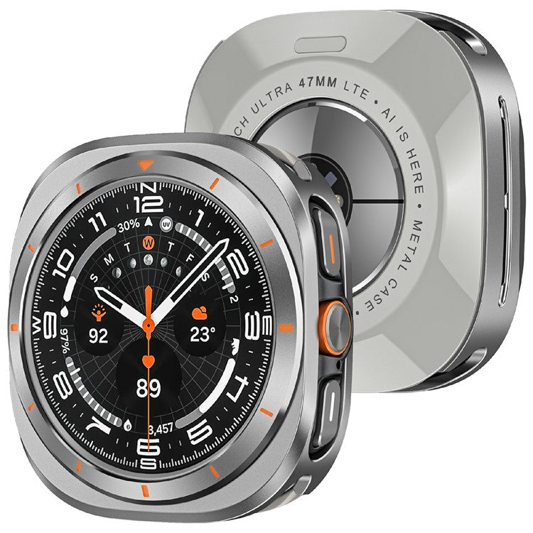 For Samsung Galaxy Watch Ultra 47mm Aluminum Alloy PC Protective Case Metal Bumper Cover - Grey Orange