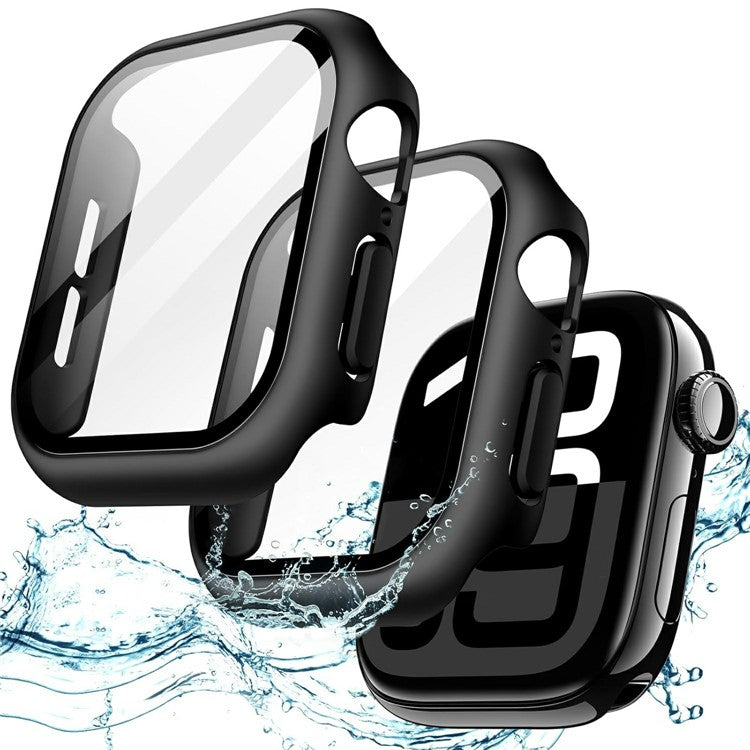 For Apple Watch Series 10 46mm Watch Case IP68 Waterproof Hard PC Cover with Tempered Glass Film - Black