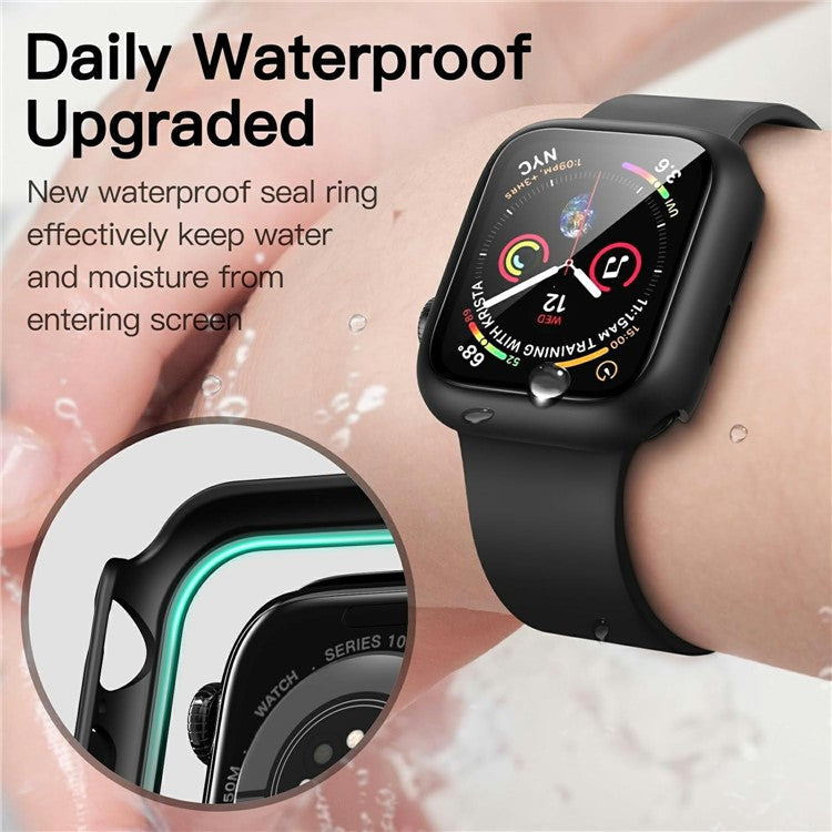 For Apple Watch Series 10 46mm Watch Case IP68 Waterproof Hard PC Cover with Tempered Glass Film - Black