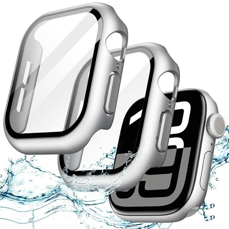 For Apple Watch Series 10 46mm Watch Case IP68 Waterproof Hard PC Cover with Tempered Glass Film - Silver