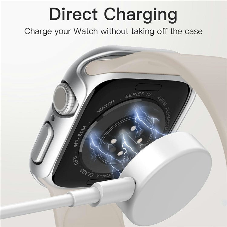 For Apple Watch Series 10 46mm Watch Case IP68 Waterproof Hard PC Cover with Tempered Glass Film - Silver