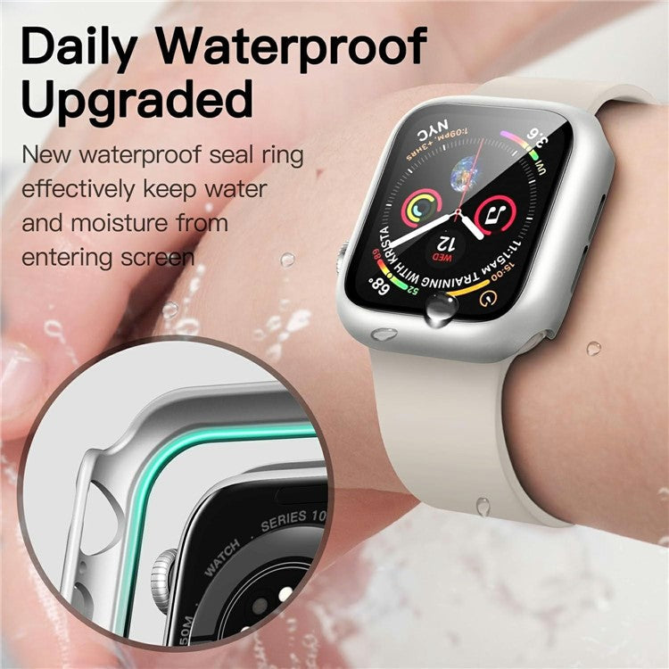 For Apple Watch Series 10 46mm Watch Case IP68 Waterproof Hard PC Cover with Tempered Glass Film - Silver
