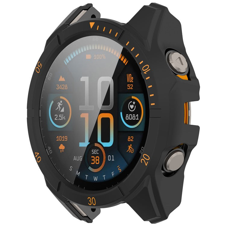 For Garmin Tactix 8 51mm SOLAR Version Watch Case PC Frame with Tempered Glass Screen Film - Black+Orange