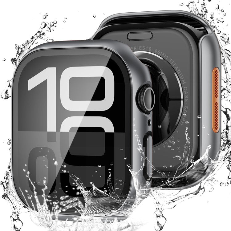 For Apple Watch Series 10 42mm Waterproof Dustproof PC Watch Case with Tempered Glass Film - Titanium Black