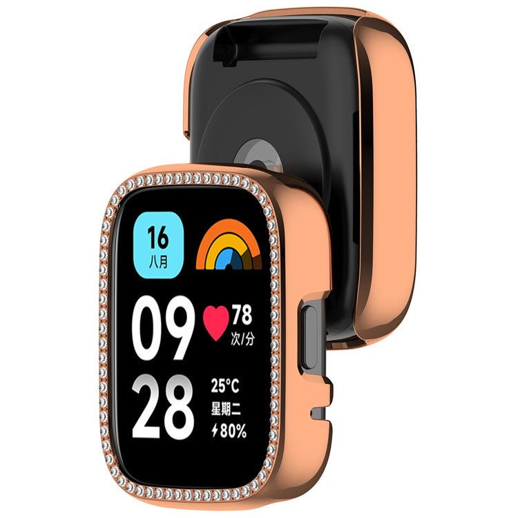 For Xiaomi Redmi Watch 3 Active  /  Watch 3 Lite Watch Case Rhinestone Decor Hollow Design Electroplating PC Watch Cover - Rose Gold