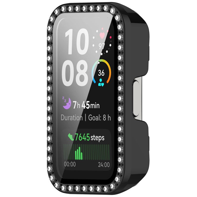 For Huawei Band 10 / 9 / 8 Case Rhinestone Decor PC + Tempered Glass Film Protective Watch Cover - Black