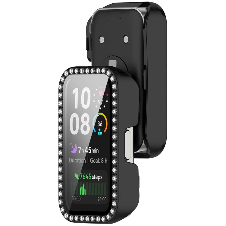 For Huawei Band 10 / 9 / 8 Case Rhinestone Decor PC + Tempered Glass Film Protective Watch Cover - Black