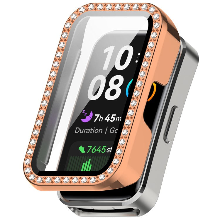 For Huawei Band 10 / 9 / 8 Case Rhinestone Decor PC + Tempered Glass Film Protective Watch Cover - Rose Gold