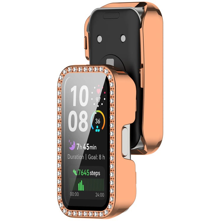 For Huawei Band 10 / 9 / 8 Case Rhinestone Decor PC + Tempered Glass Film Protective Watch Cover - Rose Gold