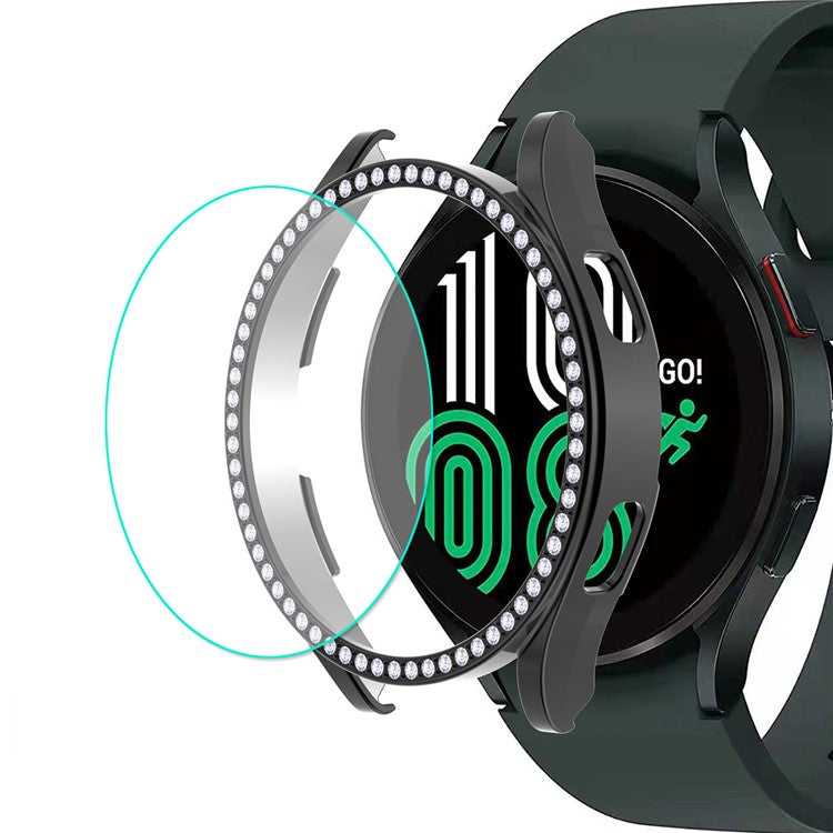 ENKAY HAT PRINCE 2-in-1 0.2mm 2.15D Anti-Fingerprint Anti-Scratch 9H Tempered Glass Screen Film with Rhinestone Decoration Electroplating PC Smart Watch Cover for Samsung Galaxy Watch4 44mm - Black