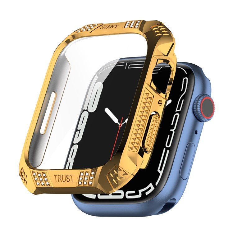 For Apple Watch Series 9 / 8 / 7 41mm Rhinestone Rhombus Imprint Electroplating Hard PC Case with Tempered Glass Screen Protector - Gold