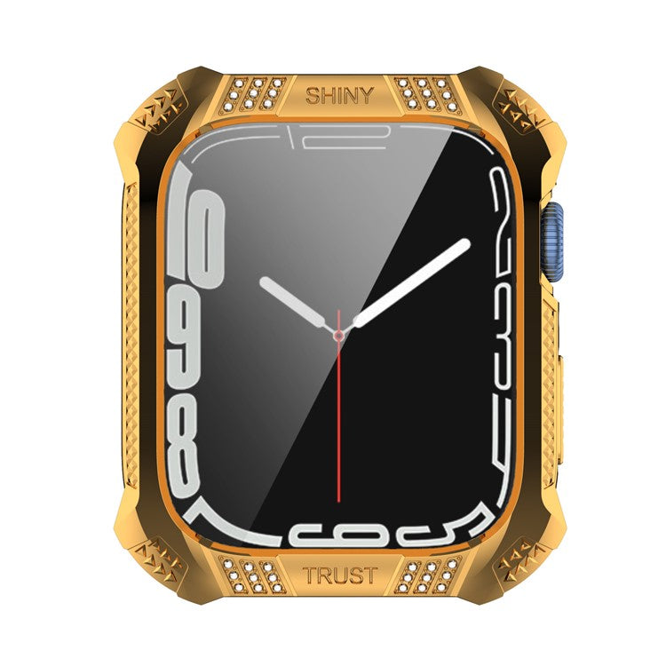 For Apple Watch Series 9 / 8 / 7 41mm Rhinestone Rhombus Imprint Electroplating Hard PC Case with Tempered Glass Screen Protector - Gold