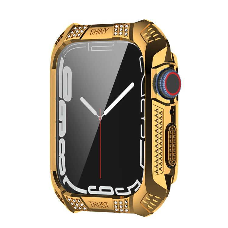 For Apple Watch Series 9 / 8 / 7 41mm Rhinestone Rhombus Imprint Electroplating Hard PC Case with Tempered Glass Screen Protector - Gold
