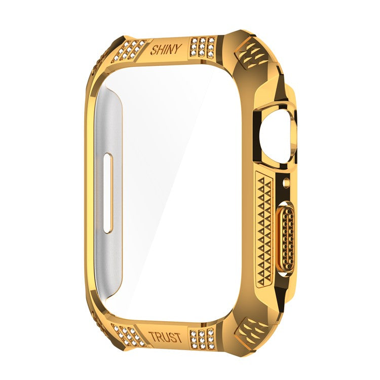 For Apple Watch Series 9 / 8 / 7 41mm Rhinestone Rhombus Imprint Electroplating Hard PC Case with Tempered Glass Screen Protector - Gold
