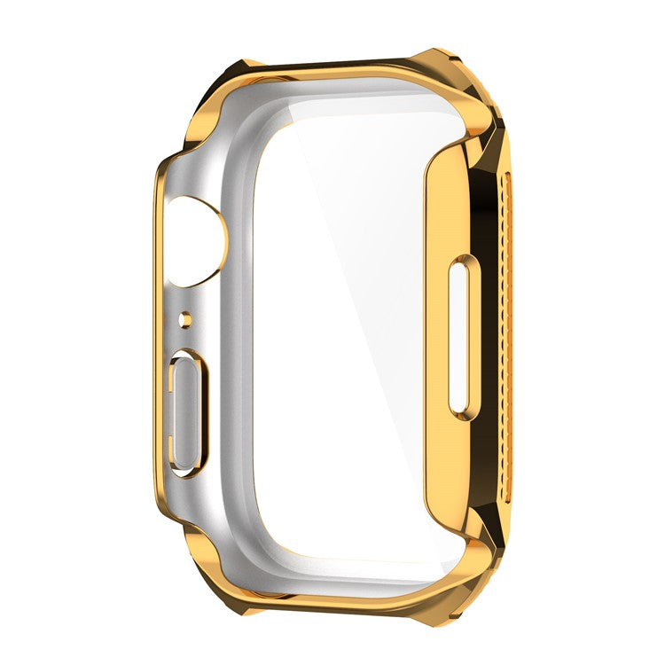 For Apple Watch Series 9 / 8 / 7 41mm Rhinestone Rhombus Imprint Electroplating Hard PC Case with Tempered Glass Screen Protector - Gold