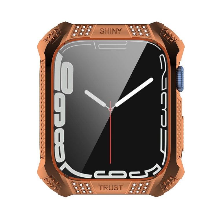 For Apple Watch Series 9 / 8 / 7 41mm Rhinestone Rhombus Imprint Electroplating Hard PC Case with Tempered Glass Screen Protector - Rose Gold