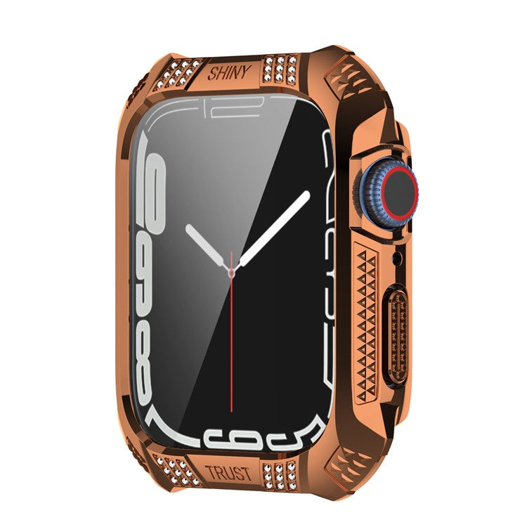 For Apple Watch Series 9 / 8 / 7 41mm Rhinestone Rhombus Imprint Electroplating Hard PC Case with Tempered Glass Screen Protector - Rose Gold