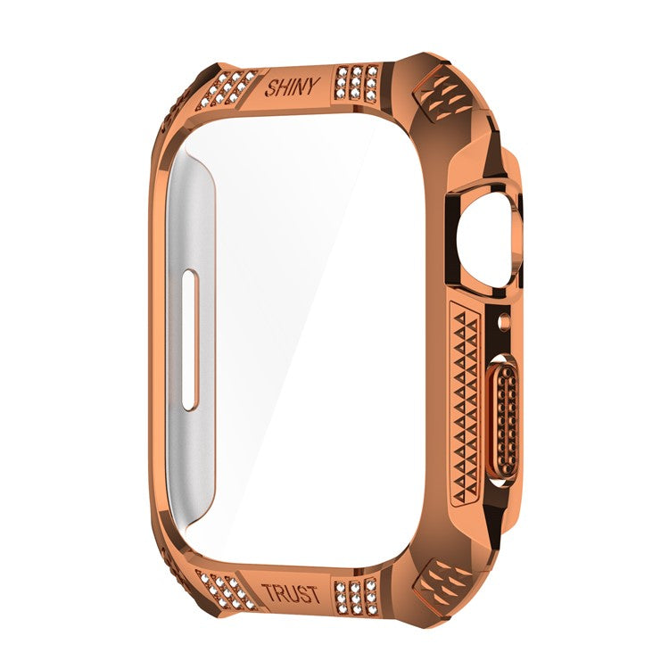 For Apple Watch Series 9 / 8 / 7 41mm Rhinestone Rhombus Imprint Electroplating Hard PC Case with Tempered Glass Screen Protector - Rose Gold