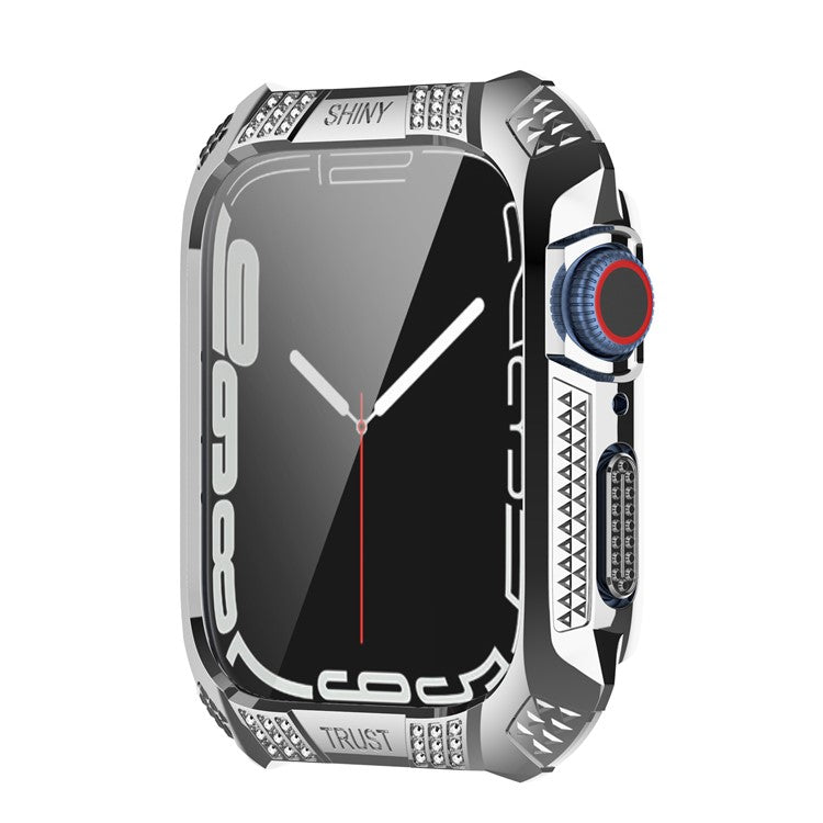 For Apple Watch Series 9 / 8 / 7 45mm Rhinestone Electroplating Rhombus Imprint Hard PC Case with Tempered Glass Screen Protector - Silver
