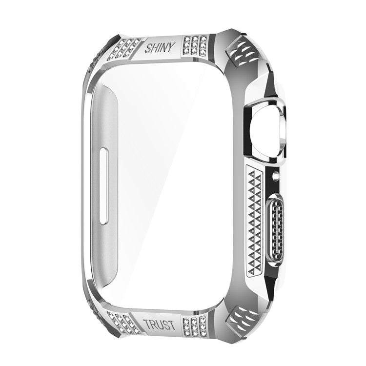 For Apple Watch Series 9 / 8 / 7 45mm Rhinestone Electroplating Rhombus Imprint Hard PC Case with Tempered Glass Screen Protector - Silver