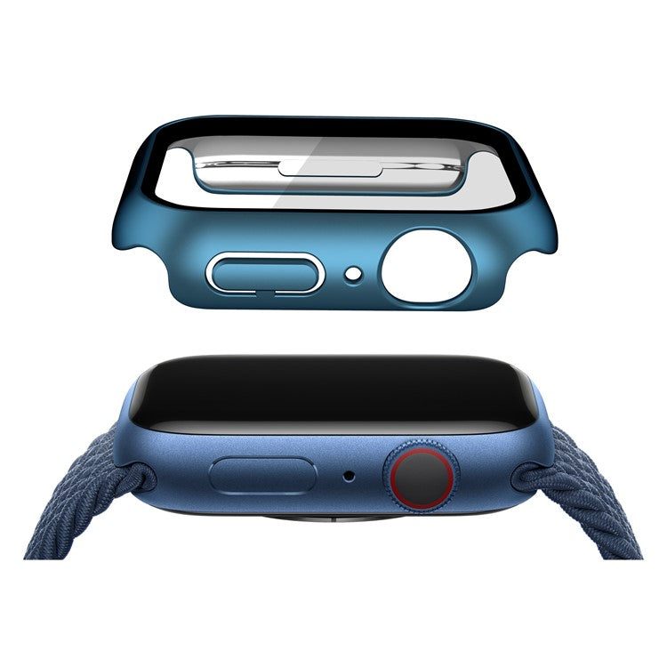 For Apple Watch Series 9 / 8 / 7 45mm Electroplating Matte Hard PC Watch Case Cover with Tempered Glass Screen Protector - Blue