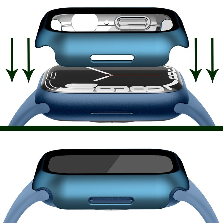 For Apple Watch Series 9 / 8 / 7 45mm Electroplating Matte Hard PC Watch Case Cover with Tempered Glass Screen Protector - Blue