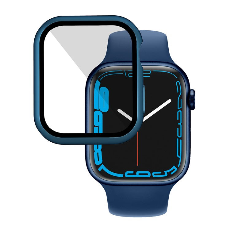 For Apple Watch Series 9 / 8 / 7 45mm Electroplating Matte Hard PC Watch Case Cover with Tempered Glass Screen Protector - Blue