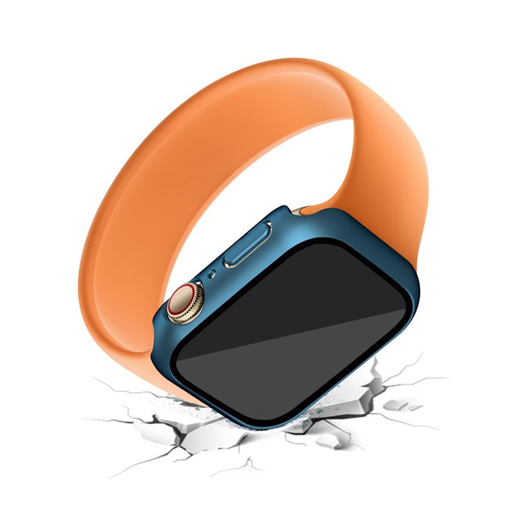 For Apple Watch Series 9 / 8 / 7 45mm Electroplating Matte Hard PC Watch Case Cover with Tempered Glass Screen Protector - Blue