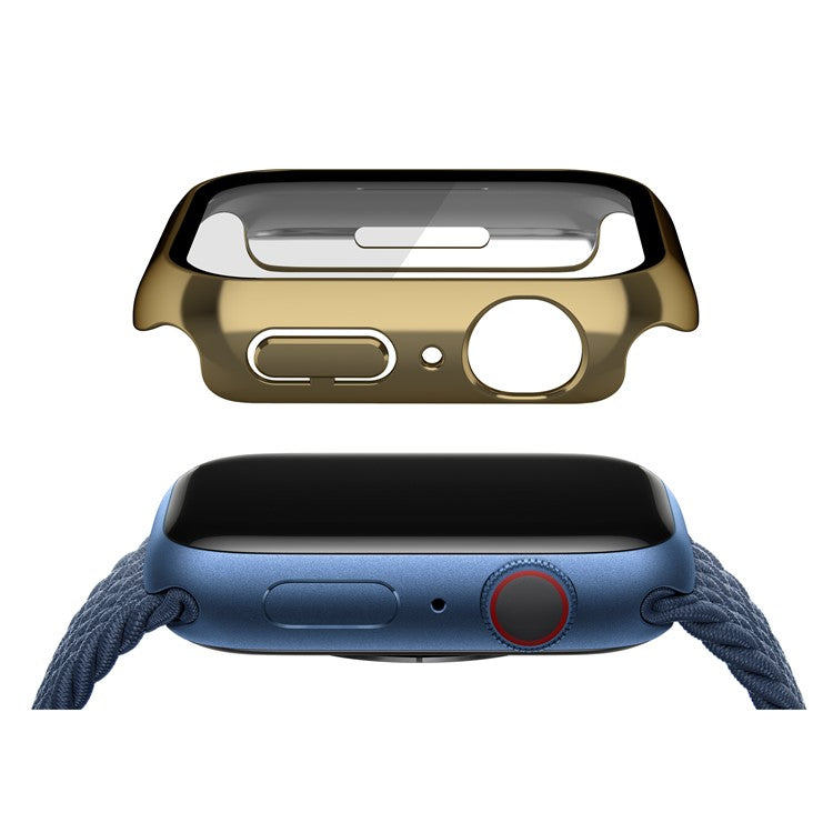 Electroplating PC Watch Case for Apple Watch Series 9 / 8 / 7 41mm Anti-fall Watch Cover with Tempered Glass Screen Protector - Gold
