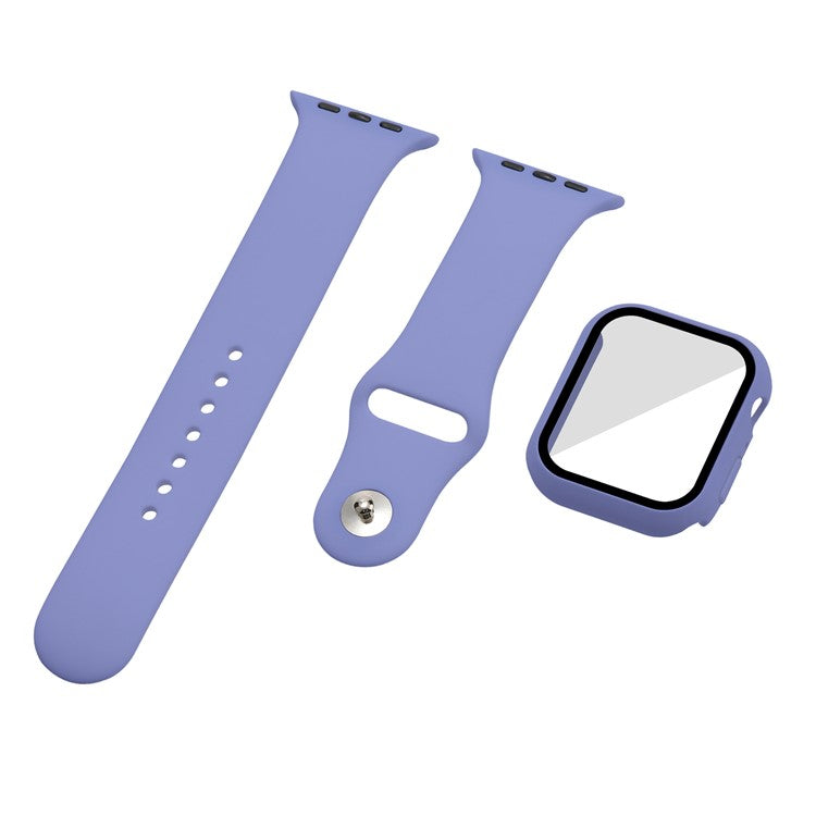For Apple Watch Series 7 41mm Silicone Outdoor Sports Watch Band+Hard PC Case with Built-in Tempered Glass Screen Protector, Size S/M - England Lavender