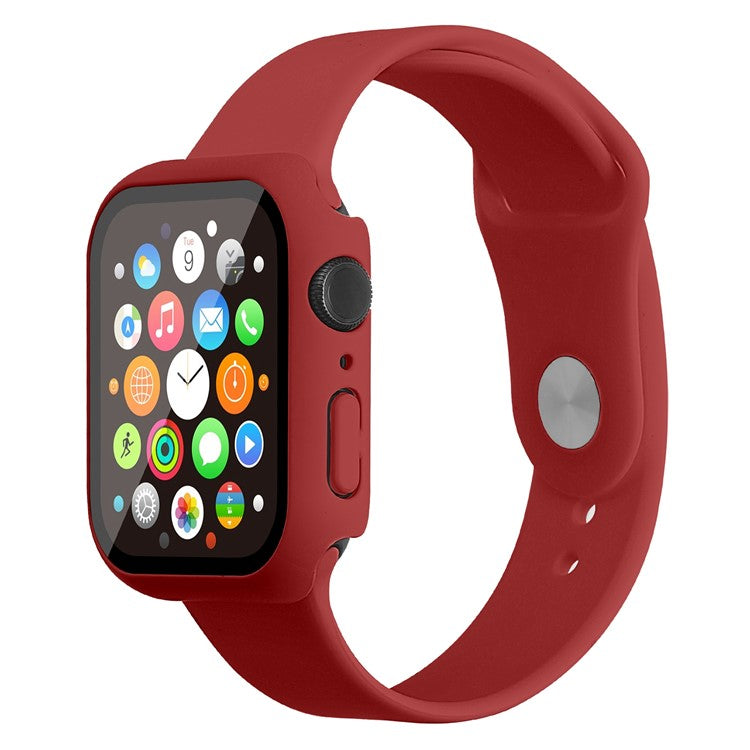 For Apple Watch Series 7 41mm Silicone Outdoor Sports Watch Band+Hard PC Case with Built-in Tempered Glass Screen Protector, Size S/M - Dark Red