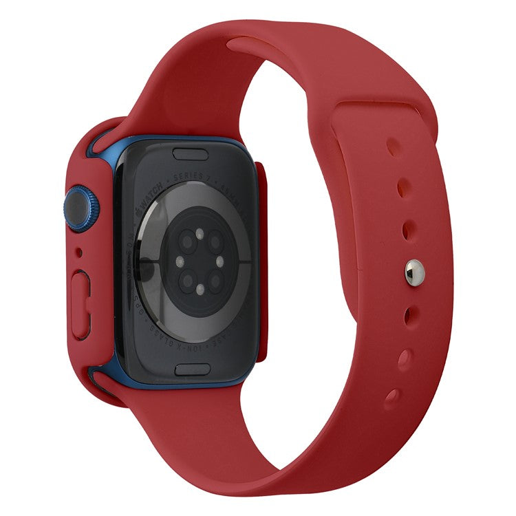 For Apple Watch Series 7 41mm Silicone Outdoor Sports Watch Band+Hard PC Case with Built-in Tempered Glass Screen Protector, Size S/M - Dark Red