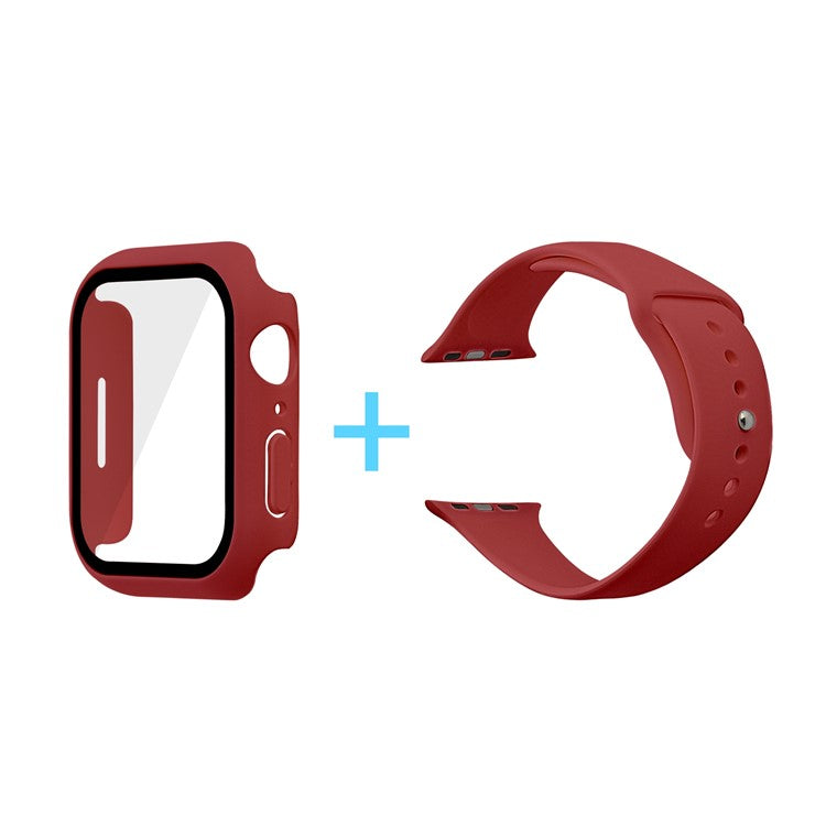 For Apple Watch Series 7 41mm Silicone Outdoor Sports Watch Band+Hard PC Case with Built-in Tempered Glass Screen Protector, Size S/M - Dark Red