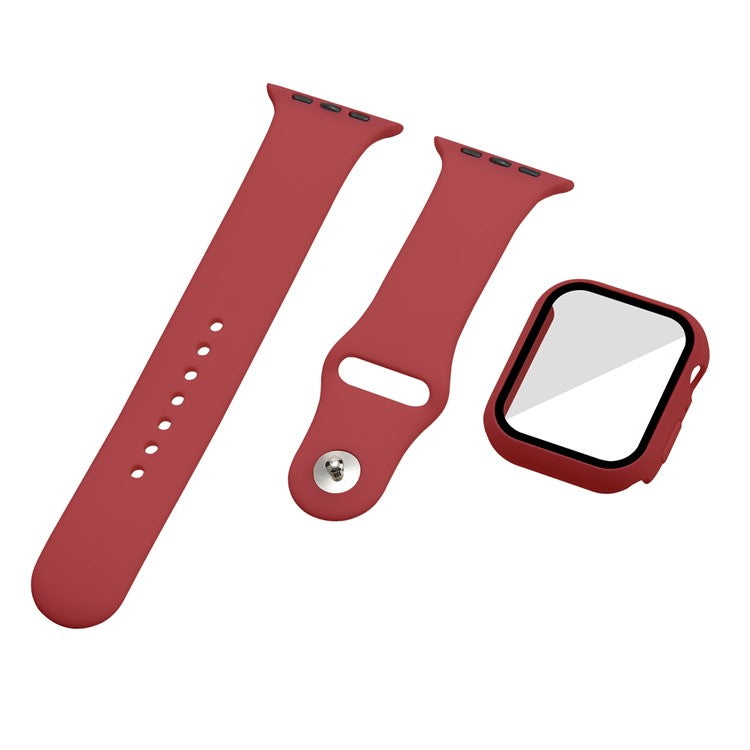 For Apple Watch Series 7 41mm Silicone Outdoor Sports Watch Band+Hard PC Case with Built-in Tempered Glass Screen Protector, Size S/M - Dark Red