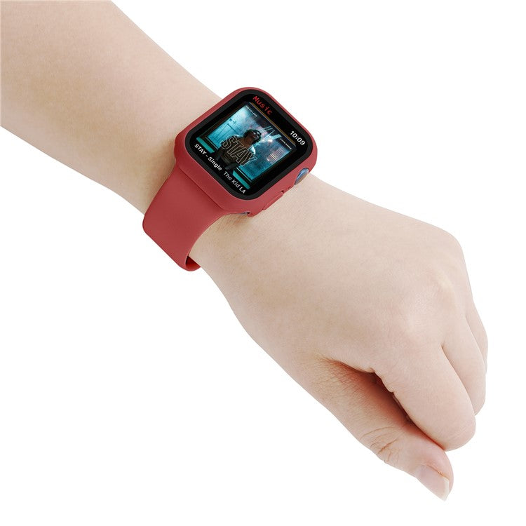 For Apple Watch Series 7 41mm Silicone Outdoor Sports Watch Band+Hard PC Case with Built-in Tempered Glass Screen Protector, Size S/M - Dark Red