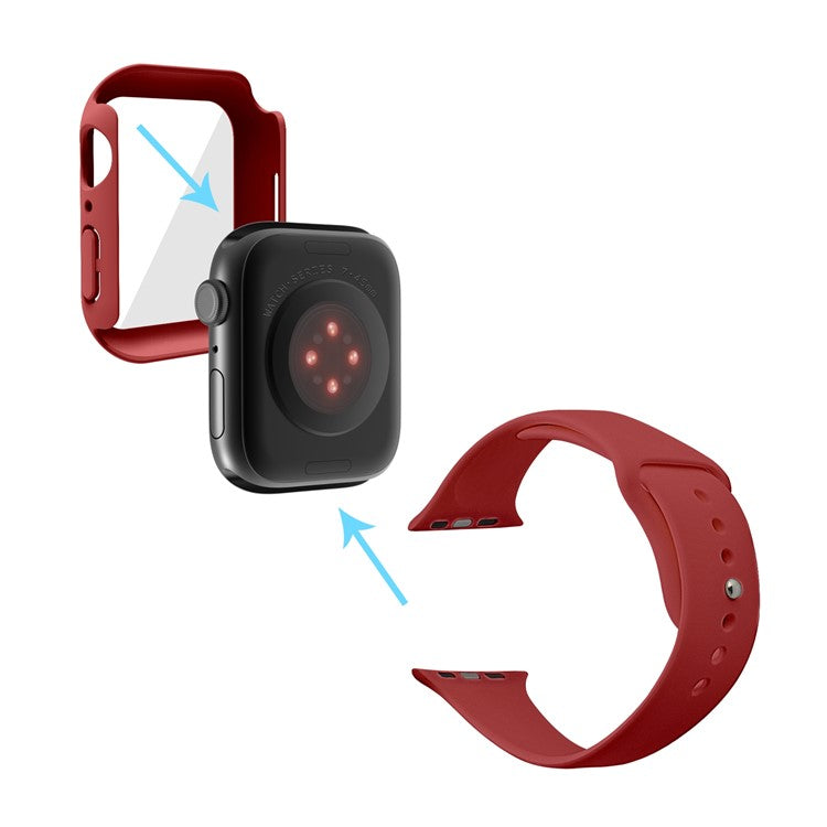 For Apple Watch Series 7 41mm Silicone Outdoor Sports Watch Band+Hard PC Case with Built-in Tempered Glass Screen Protector, Size S/M - Dark Red