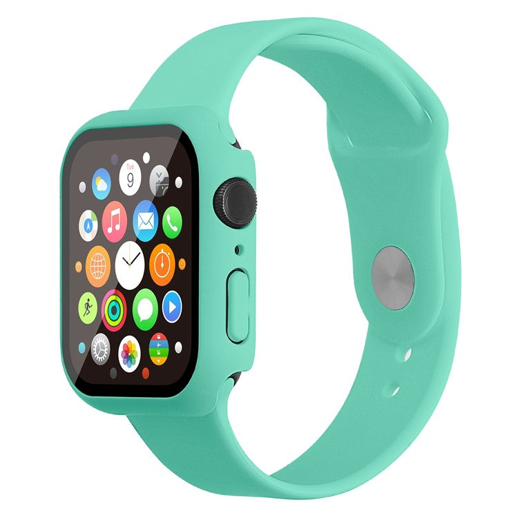 For Apple Watch Series 7 41mm Silicone Outdoor Sports Watch Band+Hard PC Case with Built-in Tempered Glass Screen Protector, Size S/M - Mint Green