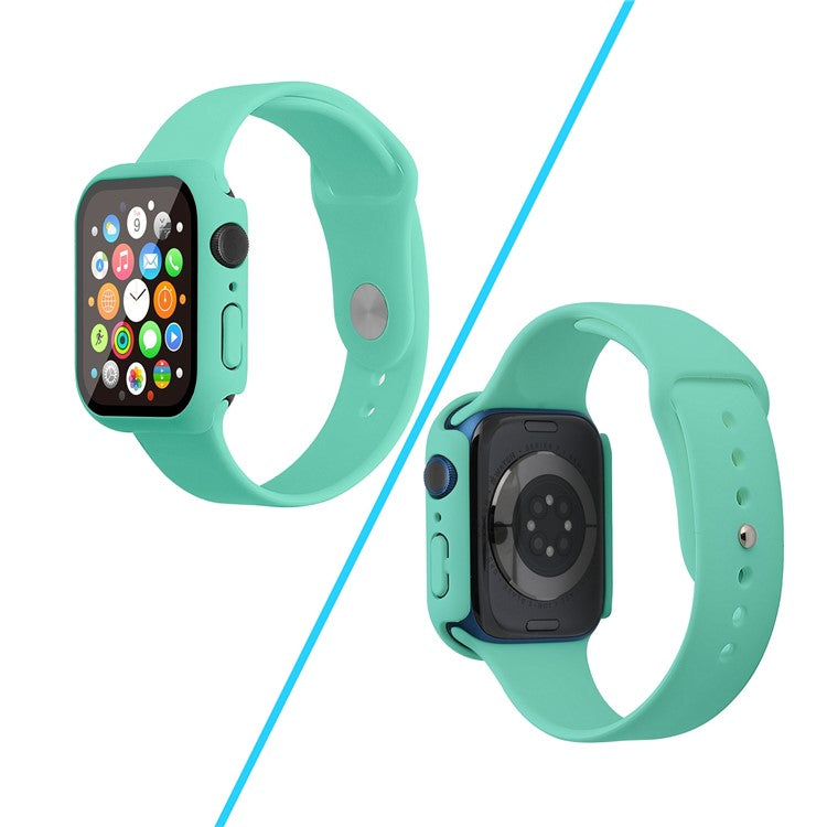 For Apple Watch Series 7 41mm Silicone Outdoor Sports Watch Band+Hard PC Case with Built-in Tempered Glass Screen Protector, Size S/M - Mint Green
